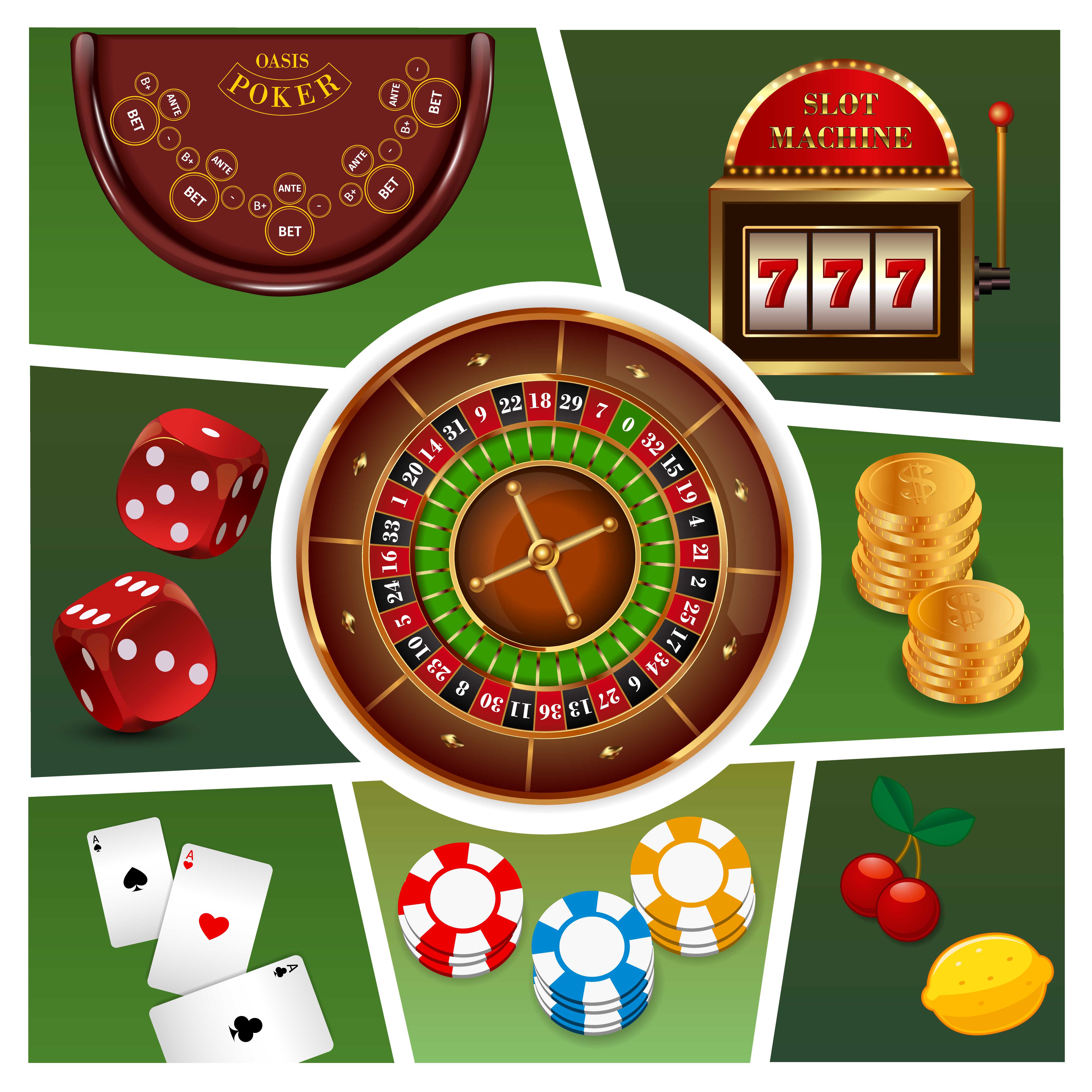 Realistic casino elements composition with roulette slot machine gold coins poker chips playing cards dices isolated vector illustration