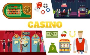 Flat casino elements collection with poker table dices chips bag of money slot machine clients waitress croupier vector illustration