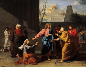 XIR182600 XIR182600 Christ and the Canaanite Woman, 1783-84 (oil on canvas) by Drouais, Jean-Germain (1763-1788); 114x146 cm; Louvre, Paris, France; (add.info.: Le Christ et la Cananeenne; pleading for him to heal her sick daughter; the disciples told him not to as she was not an Israelite; scene from the Gospel of St. Matthew;); Giraudon; French, out of copyright